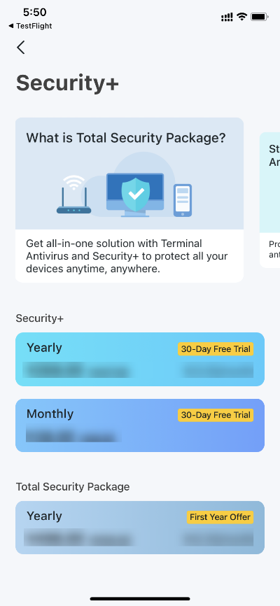 Security+ screen showing Total Security Package description with Yearly and Monthly plan options and a First Year Offer badge.