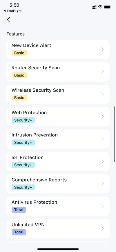 Security+ features list showing Basic, Security+, and Total tier features including Web Protection, IoT Protection, and Unlimited VPN.