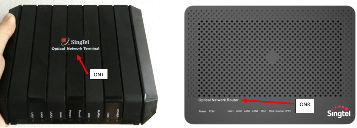 Photos of the SinTel ONT’s and SingTel ONR’s front panels.