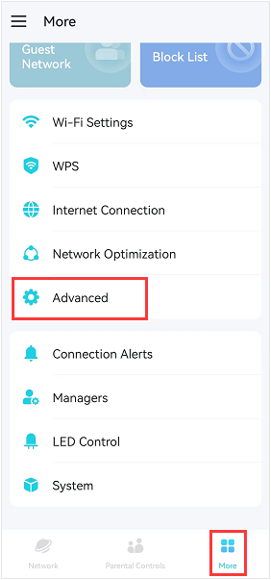 The More page with the Advanced highlighted.