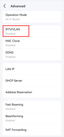The Advanced page with the IPTV/VLAN highlighted.