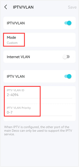 The IPTV/VLAN page with the Mode highlighted, IPTV VLAN toggled on, and IPTV VLAN ID, IPTV VLAN Priority highlighted.