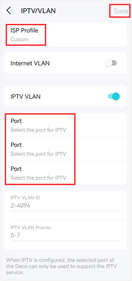 The IPTV/VLAN page with Custom as the ISP Profile, the Port Selection, and the Save button highlighted.