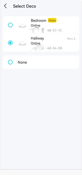 The Port page to select a Deco on the network.
