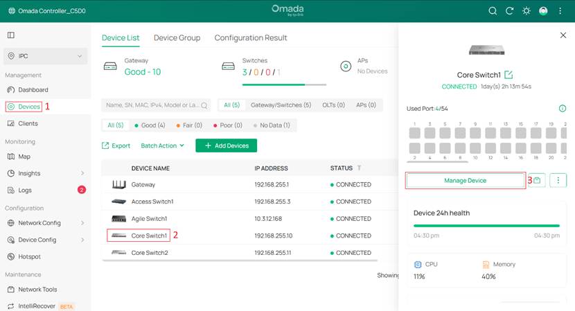 Accessing switch configuration page from Devices.