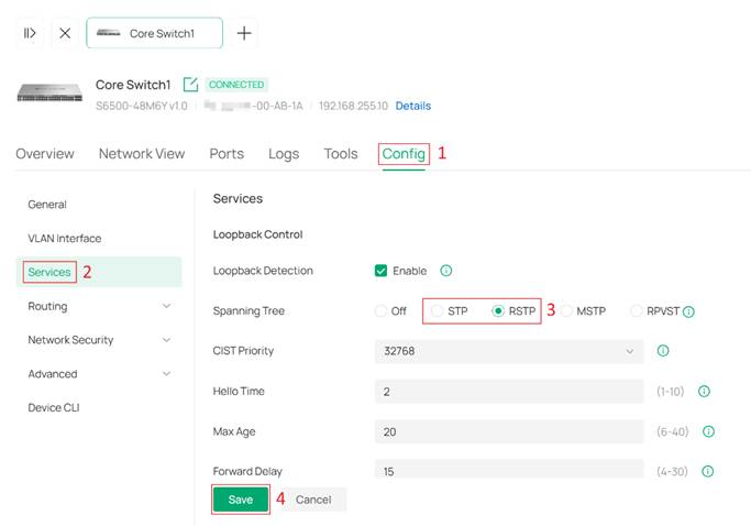 STP/RSTP settings in switch configuration page.