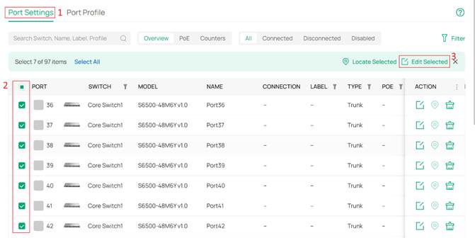 Selecting multiple ports for configuration.