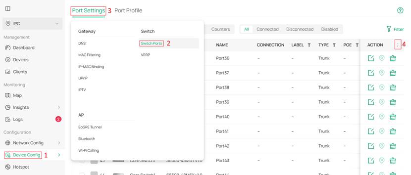 Accessing Port Settings page. And expanding status display options panel.