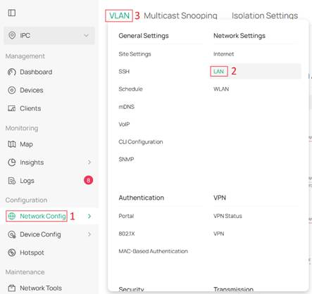 VLAN configuration page location.