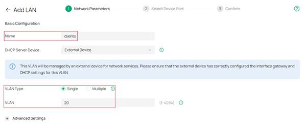 Creating VLAN 20 configuration screen.