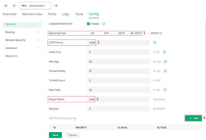 MSTP configuration interface.