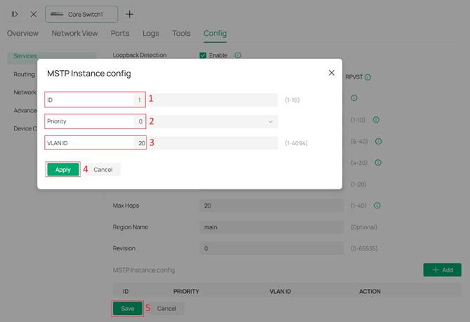 MSTP Instance configuration screen.