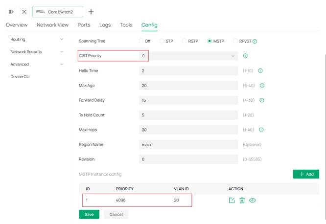 MSTP Instance settings on another switch.