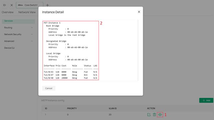Viewing MSTP Instance 1 status.