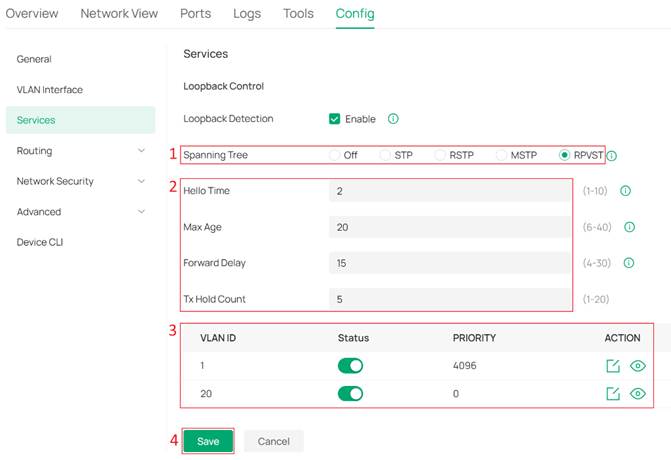 RPVST configuration page.