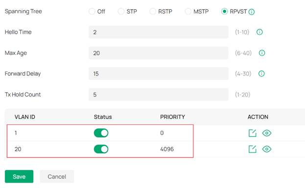 RPVST settings on another switch.