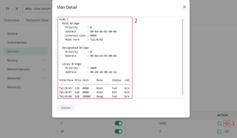 Viewing RPVST status for VLAN 1.
