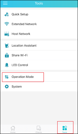 The screenshot showing the Tools page with the Operation Mode option highlighted.