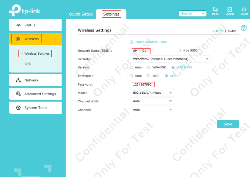 The screenshot showing the Wireless Settings page with the Network name and Password highlighted.