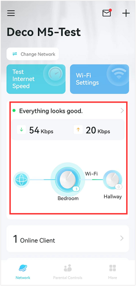 Deco app home screen showing network status and Bedroom and Hallway Deco units highlighted in red.