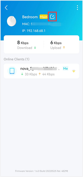 Bedroom Deco detail screen showing MAC, download/upload speeds, and one online client, with edit icon highlighted.