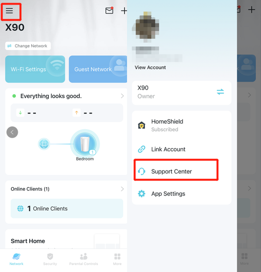 The Deco app page with the Support Center highlighted.