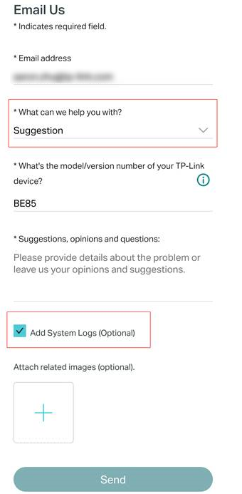 The Email US page with Suggestion selected under “What can we help you with”, and a ticked Add System Logs(Optional).