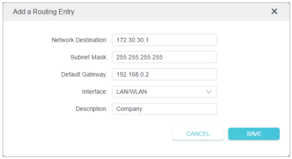 The routing entry adding page with Network Destination, Subnet Mask, Default Gateway, Interface, and Description to be filled.