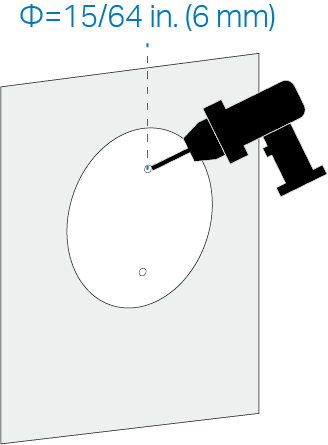 An illustration shows drilling 2 holes according to the template, each 6 mm or 15/64 inch in diameter.