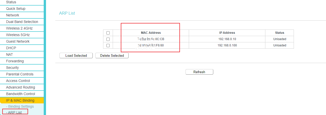 The MAC address under the ARP list.