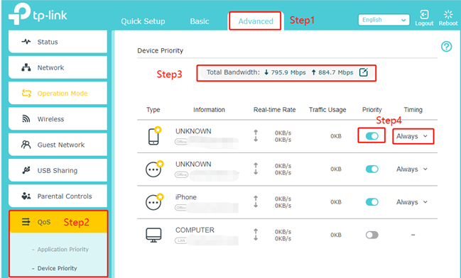 The screenshot shows the step-by-step process for configuring Device Priority.