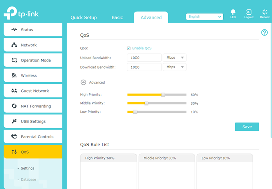 The QoS Settings page shows the Bandwidth settings, set the bandwidth priority percentage under the Advanced and QoS Rules List.