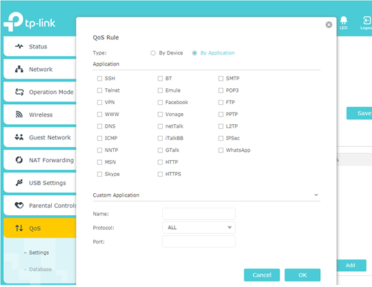 The QoS Rule page with the By Application selected.