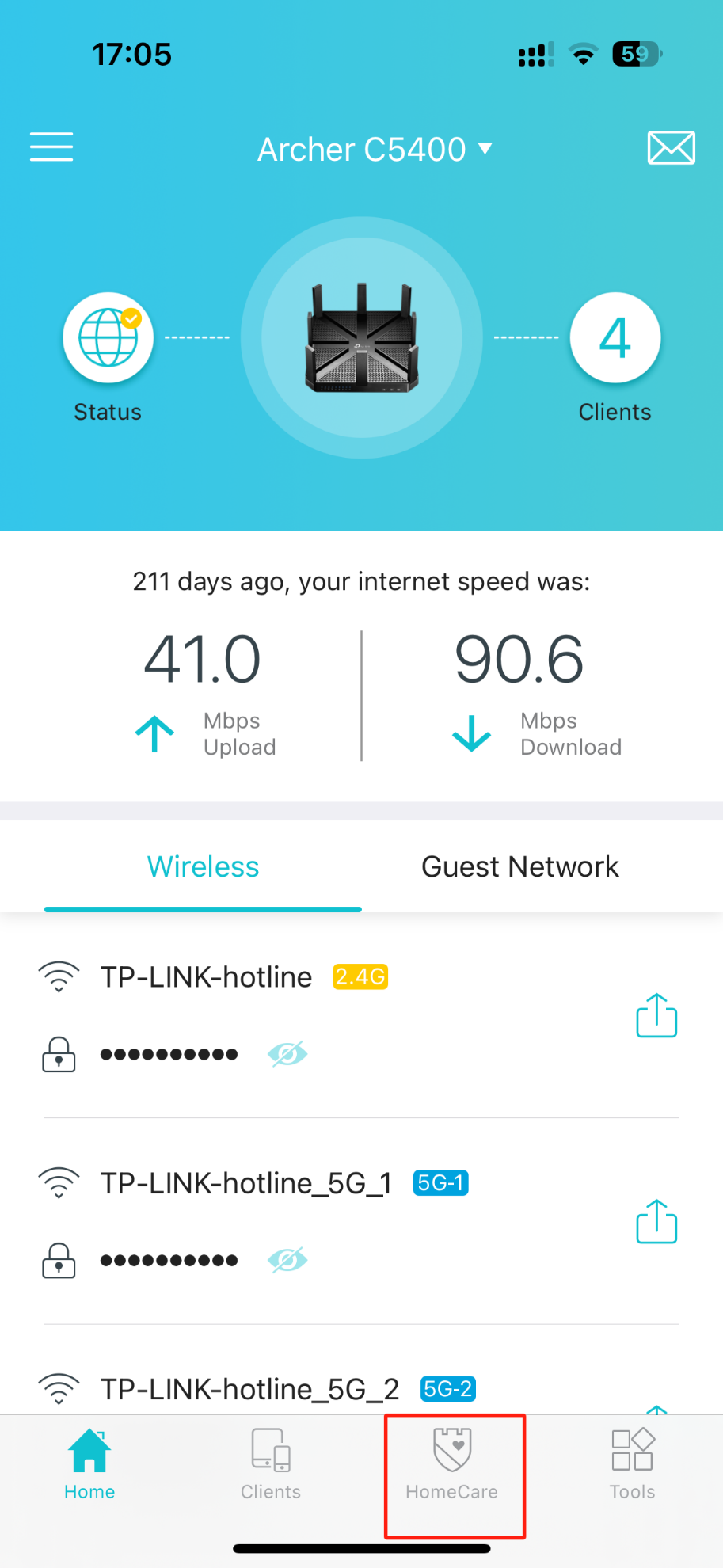 The Archer C5400’s Home page on the Tether app with the Homecare option highlighted.