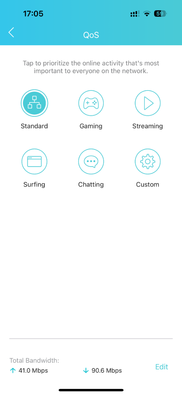 The QoS page showing different online activities, including Standards, Gaming, Streaming, Surfing, Chatting, and Custom.