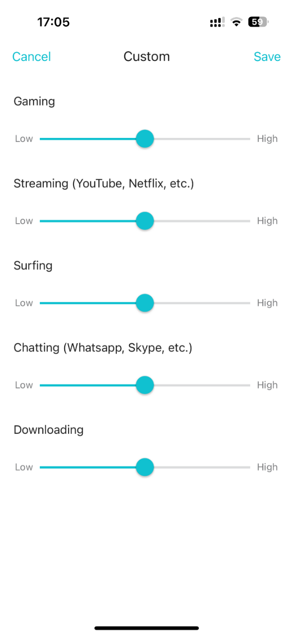 The Custom page showing Gaming Streaming, Surfing, Chatting and Downloading priority level.