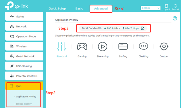 The screenshot shows the step-by-step process for configuring Application Priority.