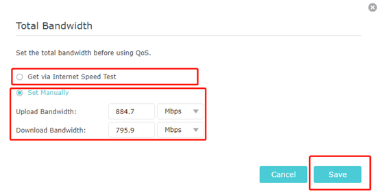 The screenshot shows the Total Bandwidth with the options to get via internet speed and set manually.