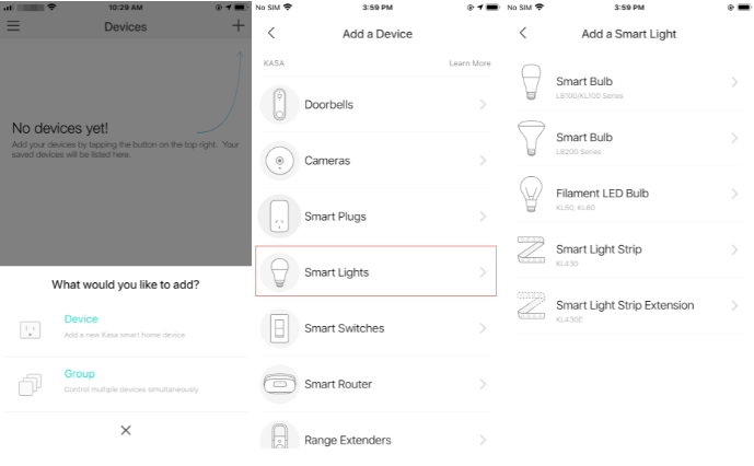 Kasa app screens showing Add a Device menu with Smart Lights highlighted, and the Add a Smart Light device list.