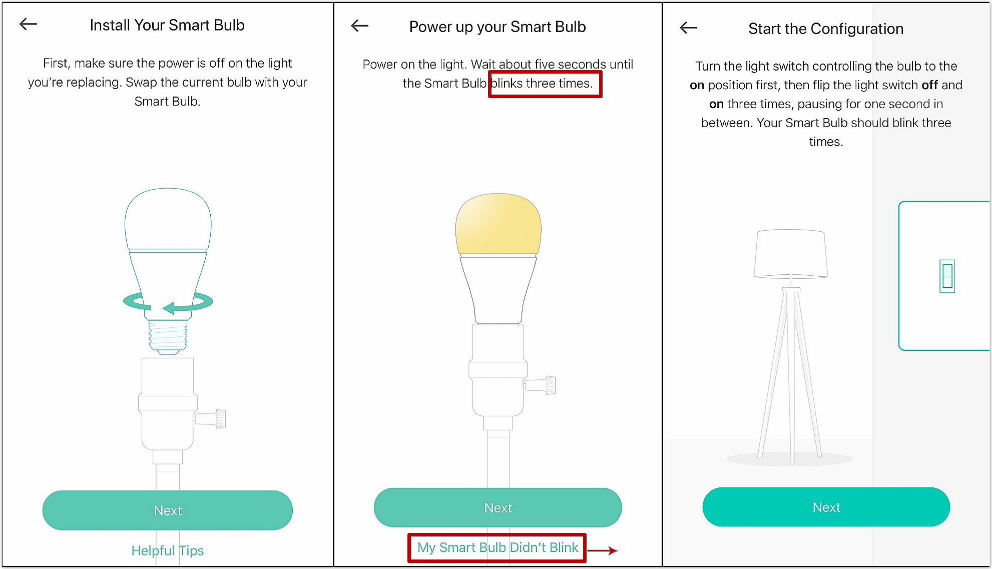 Kasa app screens for Install, Power Up, and Start Configuration of a Smart Bulb, with blink prompts highlighted.