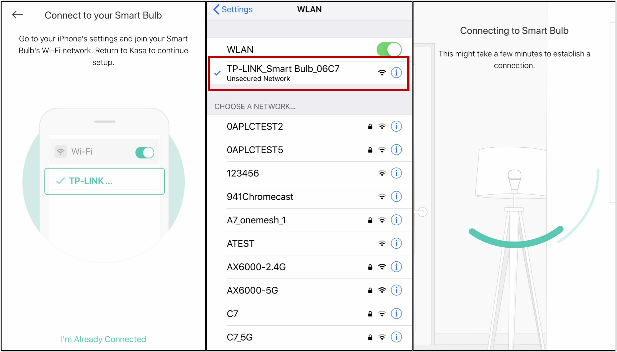 Kasa app screens showing Connect to Smart Bulb instructions, iPhone WLAN settings with TP-LINK network selected, and a connecting screen.