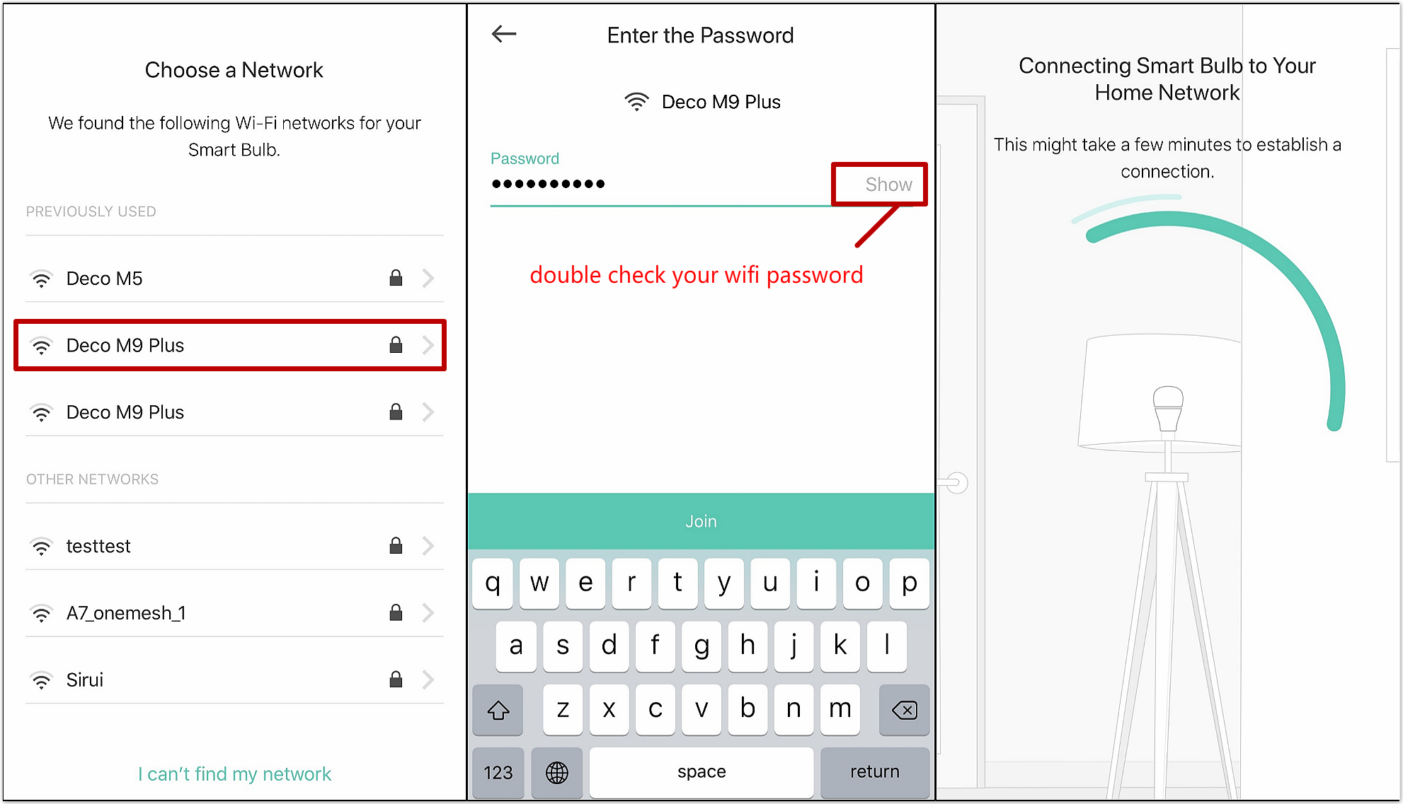 Kasa app screens showing Choose a Network with Deco M9 Plus highlighted, Enter the Password screen, and a connecting screen.