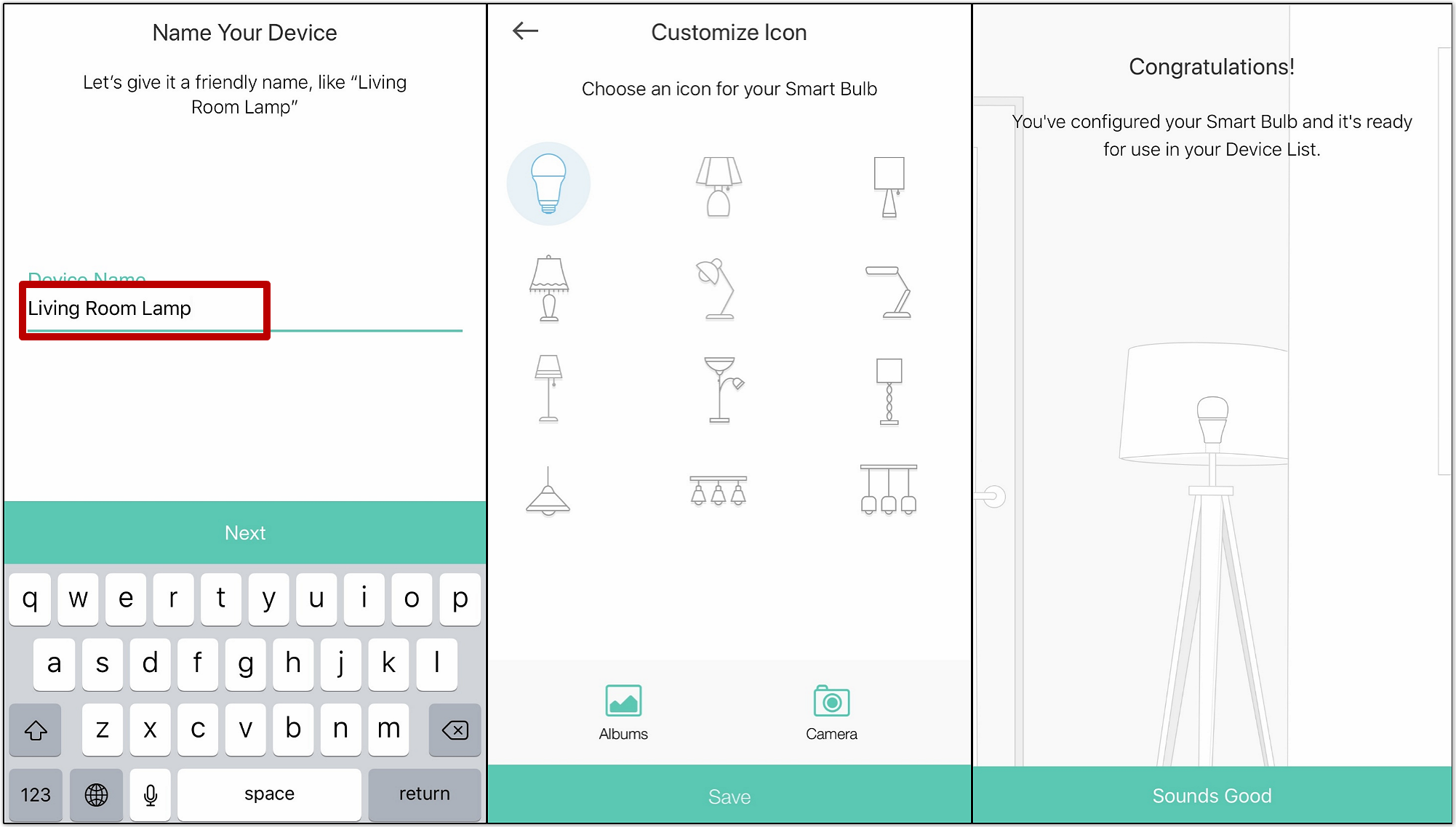 Kasa app screens for naming the device, customizing the icon, and a setup completion confirmation screen.