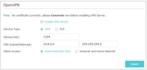 Router Advanced > VPN Server > OpenVPN settings page with Enable VPN Server checked and service type, port, subnet, and client access configured.
