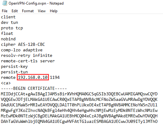 OpenVPN config file open in Notepad with the remote IP address 192.168.0.10 highlighted in red for editing.
