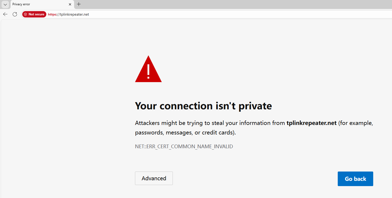 Chrome privacy error for tplinkrepeater.net with NET::ERR_CERT_COMMON_NAME_INVALID and Advanced button.