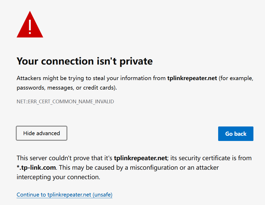 Chrome privacy error expanded showing certificate is from *.tp-link.com and Continue to tplinkrepeater.net link.