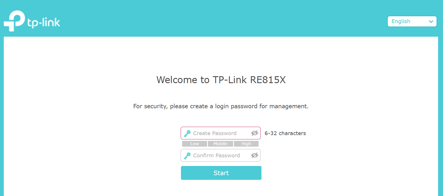 TP-Link RE815X web management welcome page prompting user to create a login password to get started.