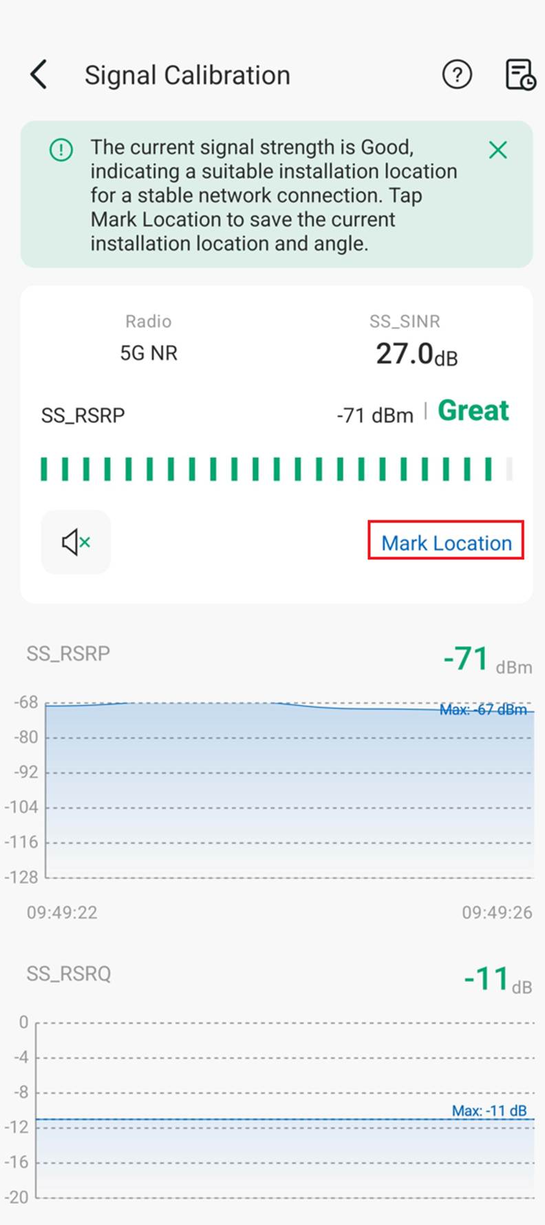Result of the calibration and the Mark Location button.