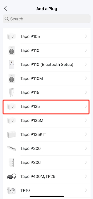 Tapo app "Add a Plug" device list with "Tapo P125" highlighted in a red box.